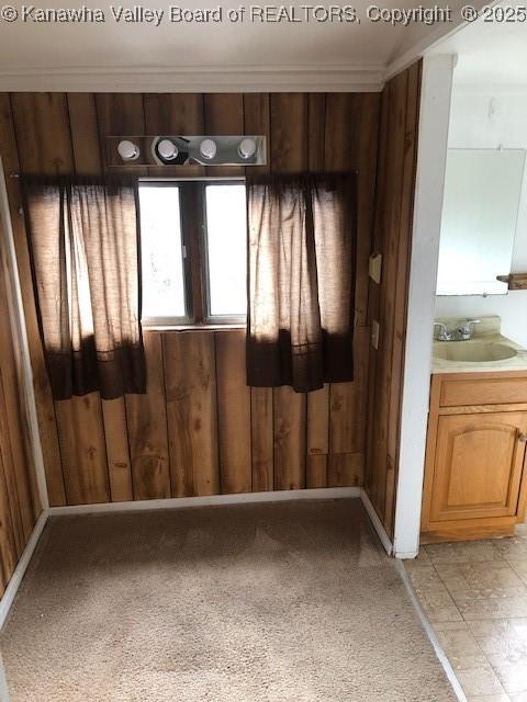 empty room with wood walls, crown molding, and a sink