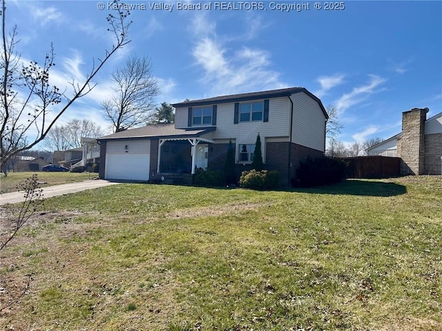 view of front of home with brick siding, concrete driveway, a front yard, and a garage