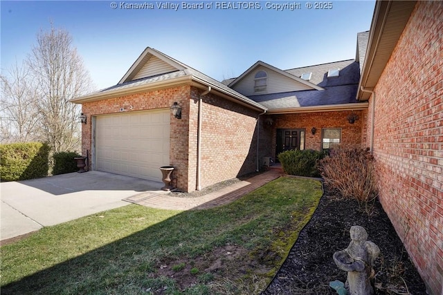 view of property exterior with brick siding, driveway, a shingled roof, and a garage