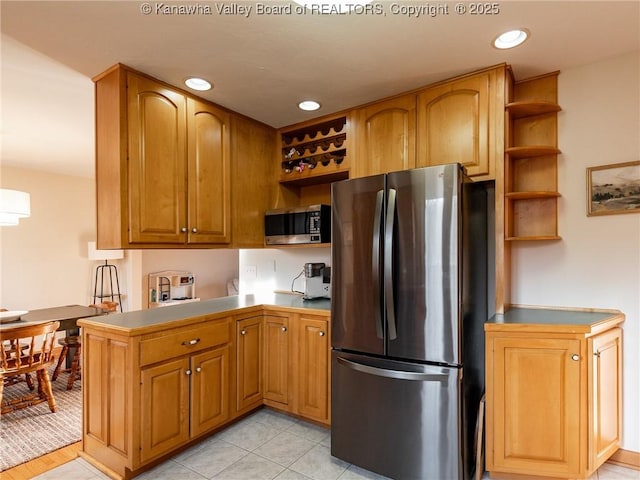 kitchen with open shelves, appliances with stainless steel finishes, and recessed lighting