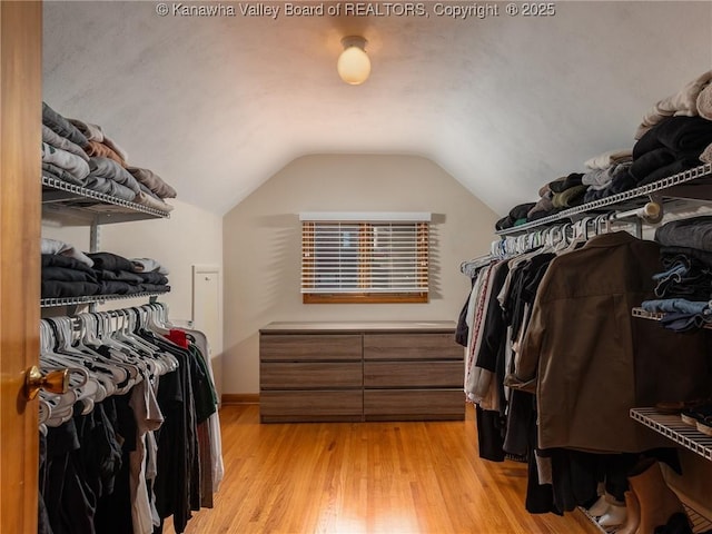 spacious closet featuring vaulted ceiling and light wood-style floors