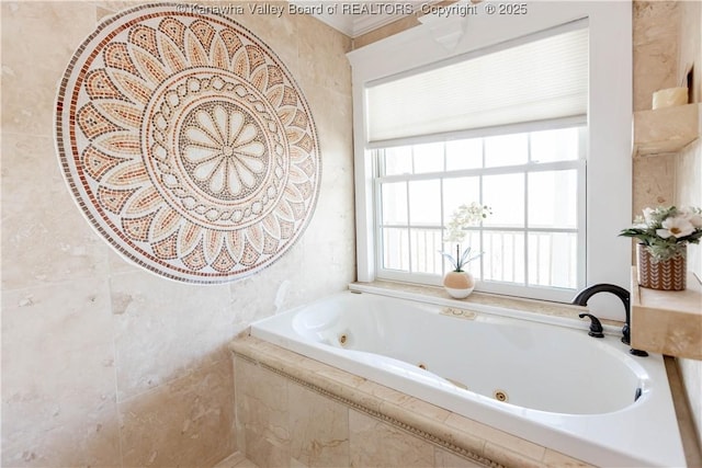 bathroom featuring crown molding and a jetted tub