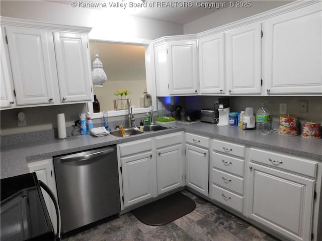 kitchen featuring a sink, white cabinetry, electric range, and stainless steel dishwasher