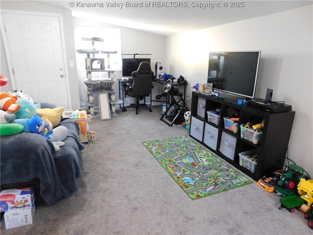 playroom with vaulted ceiling and carpet floors