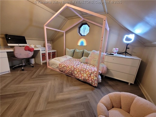 bedroom with lofted ceiling