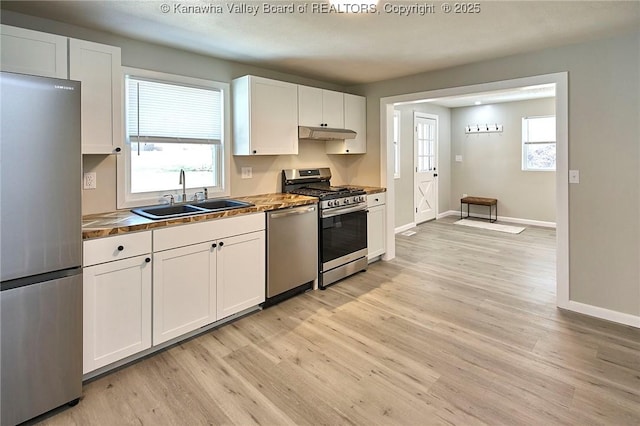 kitchen with a sink, white cabinets, under cabinet range hood, and stainless steel appliances