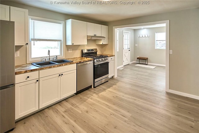 kitchen featuring a sink, stainless steel appliances, light wood-style floors, under cabinet range hood, and white cabinetry