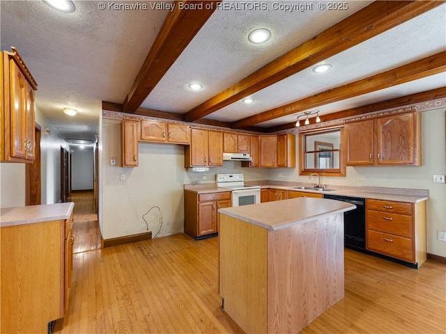 kitchen featuring under cabinet range hood, dishwasher, light wood-style floors, white electric range oven, and a sink