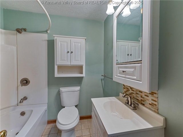 full bathroom with shower / bathing tub combination, decorative backsplash, a textured ceiling, tile patterned floors, and toilet