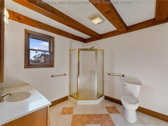 bathroom with visible vents, baseboards, beamed ceiling, toilet, and a stall shower