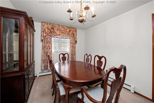 dining room featuring an inviting chandelier, light carpet, baseboards, and a baseboard radiator