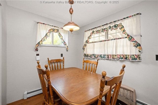 dining room with wood finished floors and a baseboard radiator
