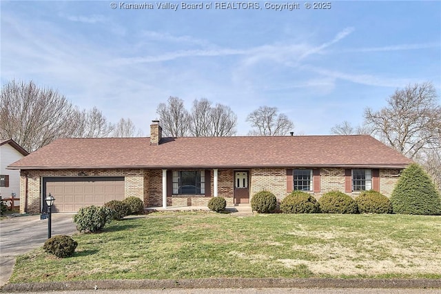 single story home featuring driveway, an attached garage, a chimney, a front lawn, and brick siding