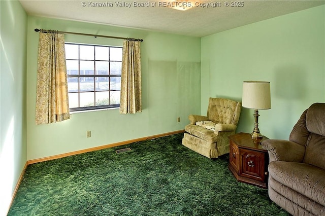 living area with carpet, baseboards, and a textured ceiling