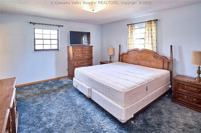 bedroom with multiple windows, a textured ceiling, baseboards, and dark colored carpet