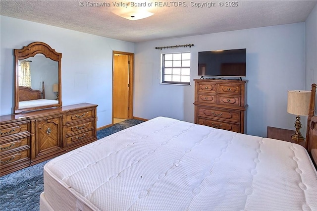 bedroom with carpet flooring, a textured ceiling, and baseboards