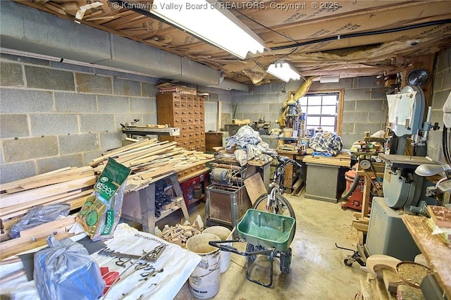 basement with a workshop area