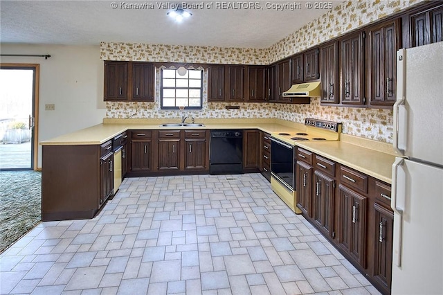 kitchen featuring extractor fan, dishwasher, freestanding refrigerator, electric stove, and a sink