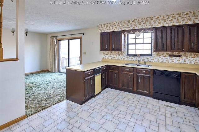 kitchen with light colored carpet, dishwasher, light countertops, and a sink