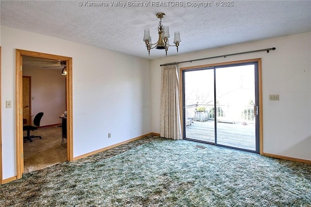 empty room with baseboards, a textured ceiling, a chandelier, and carpet flooring