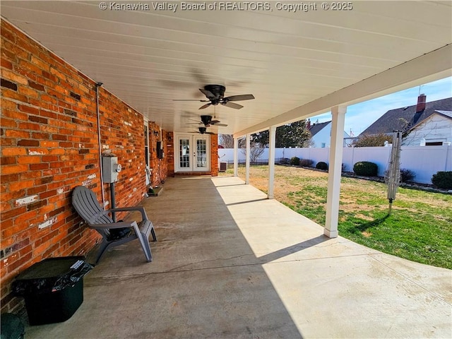 view of patio featuring ceiling fan, french doors, and fence private yard