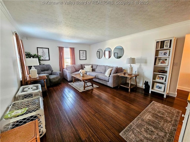 living room featuring crown molding, baseboards, dark wood-style flooring, and a textured ceiling