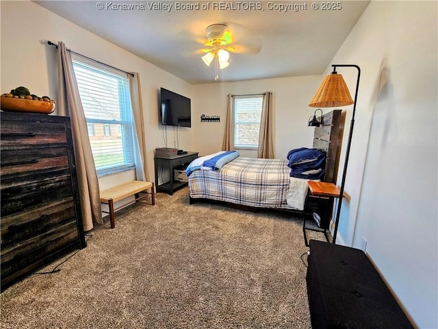 bedroom with carpet flooring and a ceiling fan