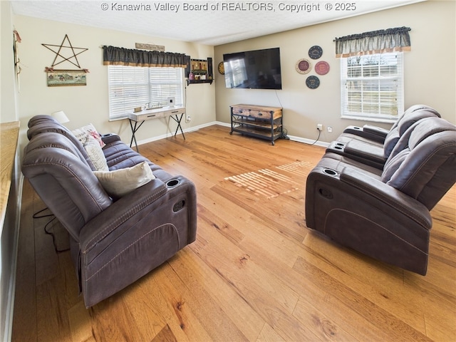 living area featuring baseboards and wood finished floors