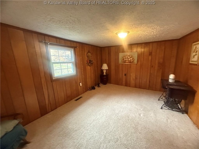 interior space featuring carpet floors, a textured ceiling, and wood walls