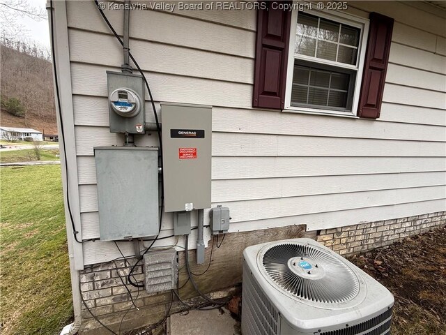 details with central AC unit and electric meter