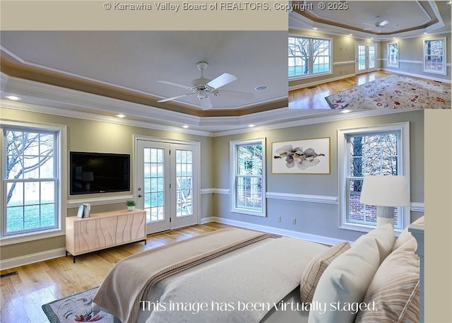 111 Graff Ln, Charleston, WV 25304 - bedroom featuring a raised ceiling, wood finished floors, crown molding, multiple windows, and access to outside