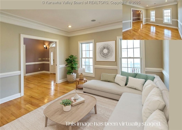 111 Graff Ln, Charleston, WV 25304 - living room featuring wood finished floors, ornamental molding, plenty of natural light, recessed lighting, and baseboards