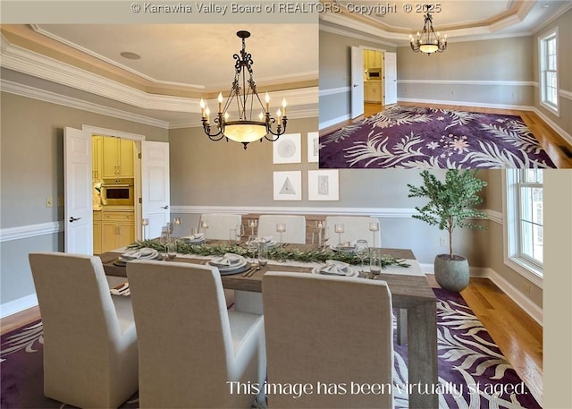111 Graff Ln, Charleston, WV 25304 - dining room with a chandelier, a raised ceiling, crown molding, wood finished floors, and baseboards