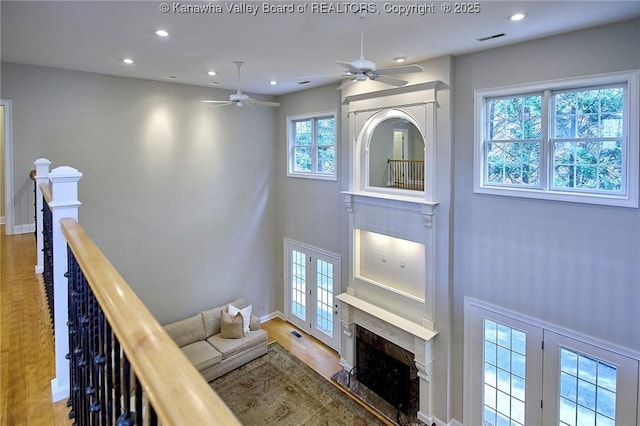 111 Graff Ln, Charleston, WV 25304 - living room featuring recessed lighting, ceiling fan, a premium fireplace, baseboards, and french doors