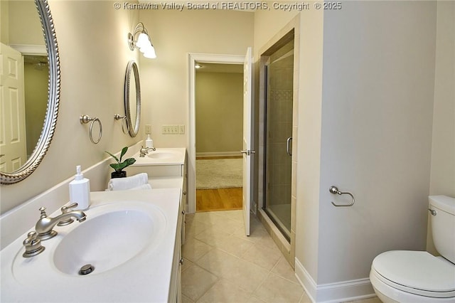 111 Graff Ln, Charleston, WV 25304 - bathroom featuring toilet, a stall shower, tile patterned flooring, vanity, and baseboards