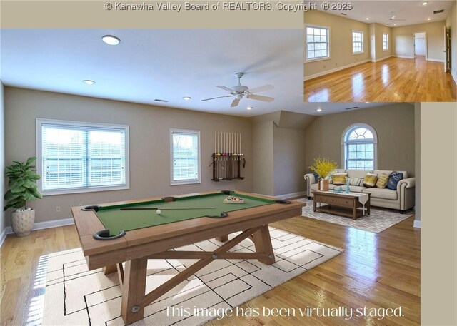 111 Graff Ln, Charleston, WV 25304 - game room with billiards table, wood finished floors, baseboards, recessed lighting, and ceiling fan