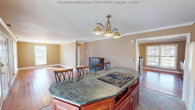 1737 US Route 60 W, Milton, WV 25541 - kitchen featuring visible vents, crown molding, open floor plan, wood finished floors, and electric stovetop