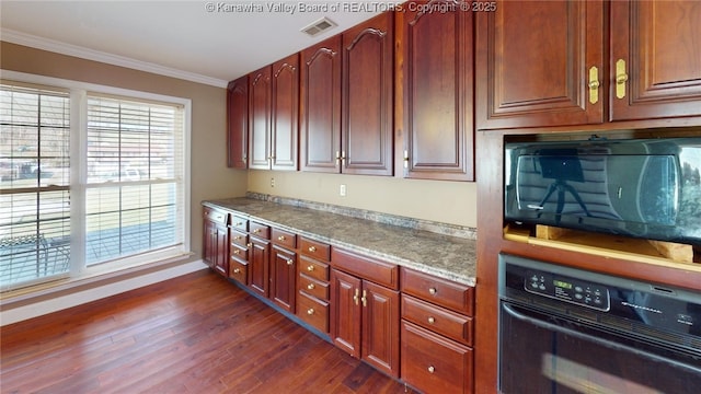 1737 US Route 60 W, Milton, WV 25541 - kitchen featuring visible vents, black appliances, light stone counters, dark wood finished floors, and crown molding