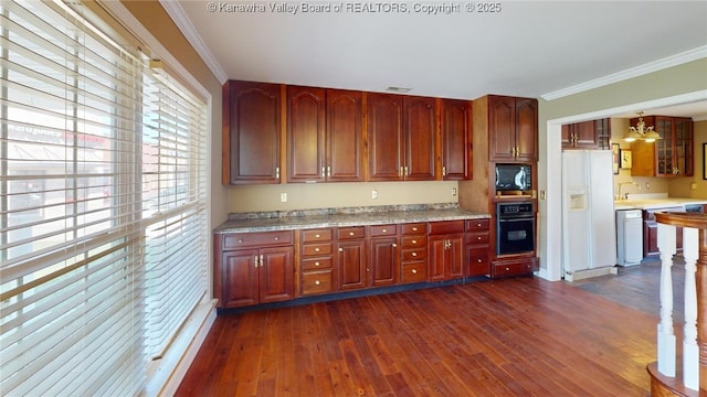 1737 US Route 60 W, Milton, WV 25541 - kitchen with visible vents, black appliances, ornamental molding, and dark wood-style flooring