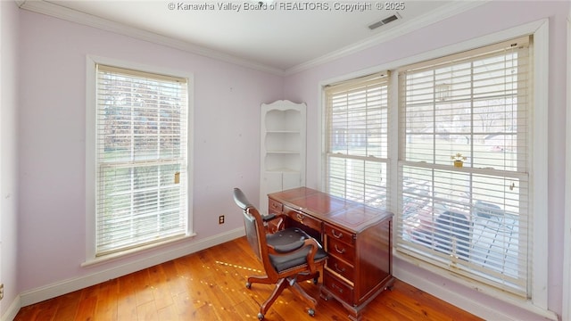 1737 US Route 60 W, Milton, WV 25541 - home office featuring baseboards, wood finished floors, visible vents, and ornamental molding