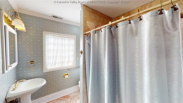 1737 US Route 60 W, Milton, WV 25541 - full bathroom featuring baseboards, visible vents, wallpapered walls, a sink, and crown molding