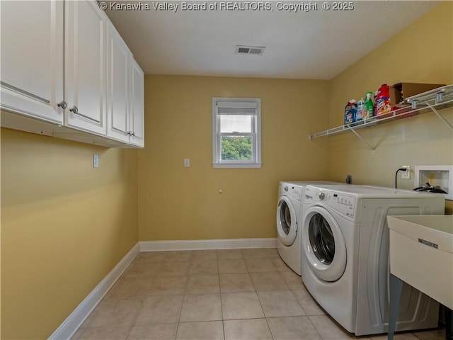 75 Poinsettia Dr, Scott Depot, WV 25560 - laundry area with light tile patterned floors, visible vents, cabinet space, a sink, and washing machine and dryer