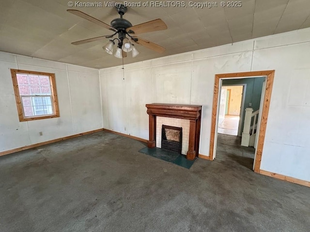 2509 Adams Ave, Huntington, WV 25704 - unfurnished living room with a tile fireplace, carpet, and ceiling fan