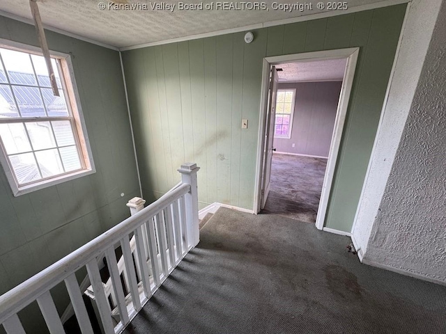 2509 Adams Ave, Huntington, WV 25704 - hallway featuring an upstairs landing, baseboards, carpet floors, and a textured ceiling