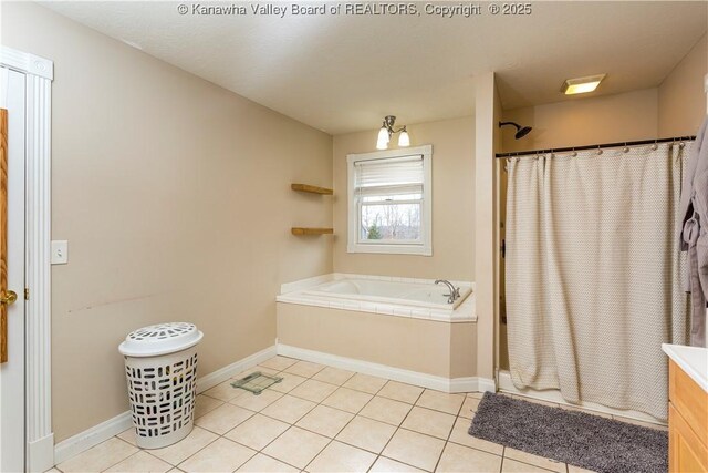 full bath with a shower with curtain, tile patterned flooring, baseboards, and a bath