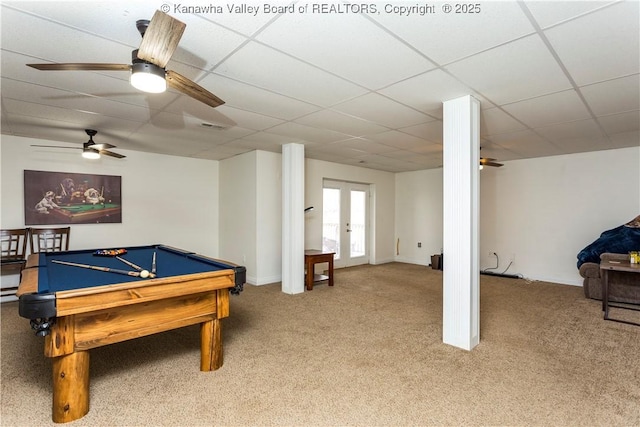recreation room featuring ceiling fan, visible vents, pool table, baseboards, and carpet