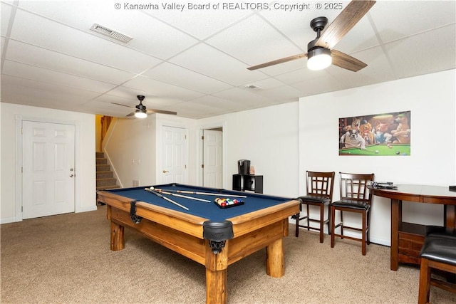 game room featuring visible vents, carpet flooring, ceiling fan, and pool table