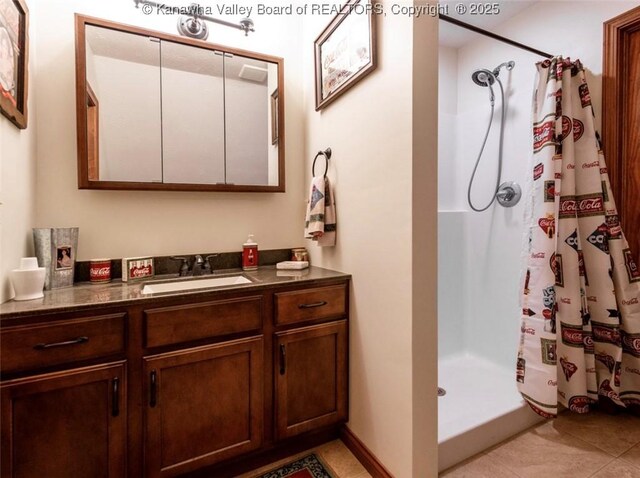 356 Latigo Pt, Milton, WV 25541 - bathroom featuring a shower stall, vanity, and tile patterned flooring