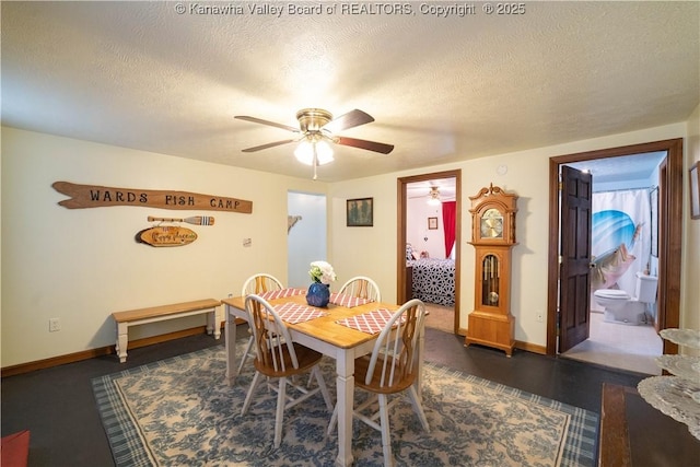 dining area with a textured ceiling, ceiling fan, and baseboards