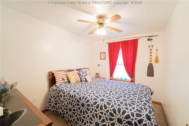 bedroom featuring baseboards, ceiling fan, and carpet
